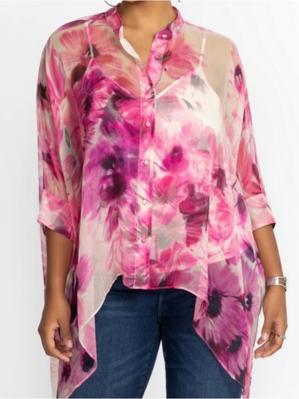 Johnny Was Katia oversized Pink Floral Sheer Button-Down Blouse Sz S/M